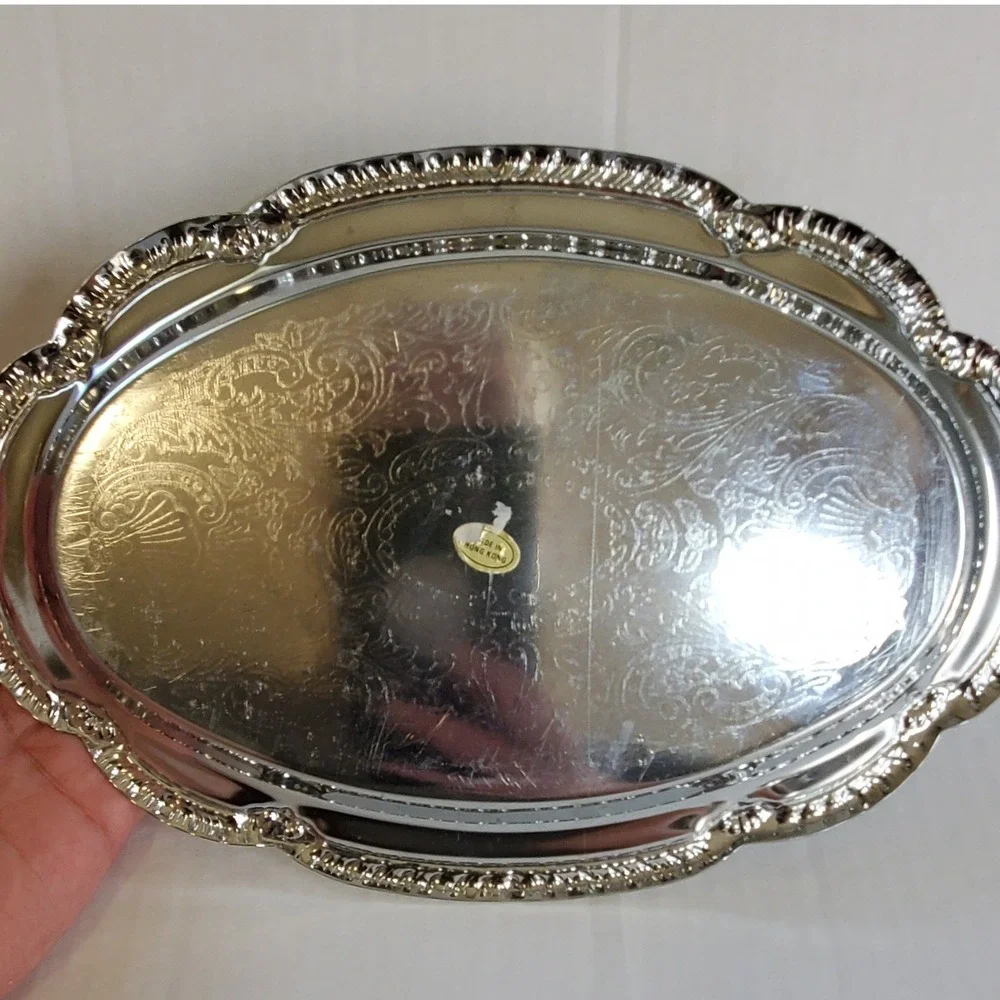 Vintage Disney Minnie Mouse Silver Plated Etched Vanity Jewelry Tray Hong Kong